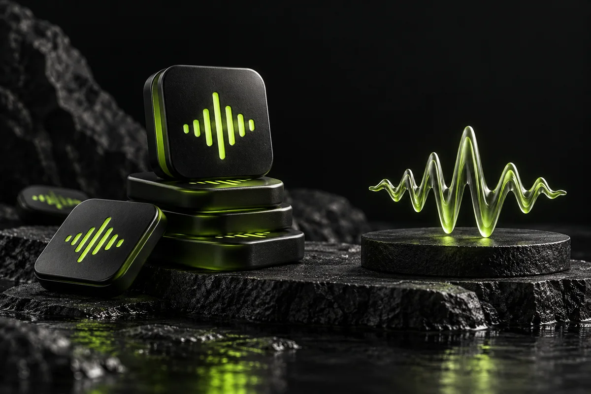 A stack of abstract sound-symbol tiles beside a lime waveform sculpture.