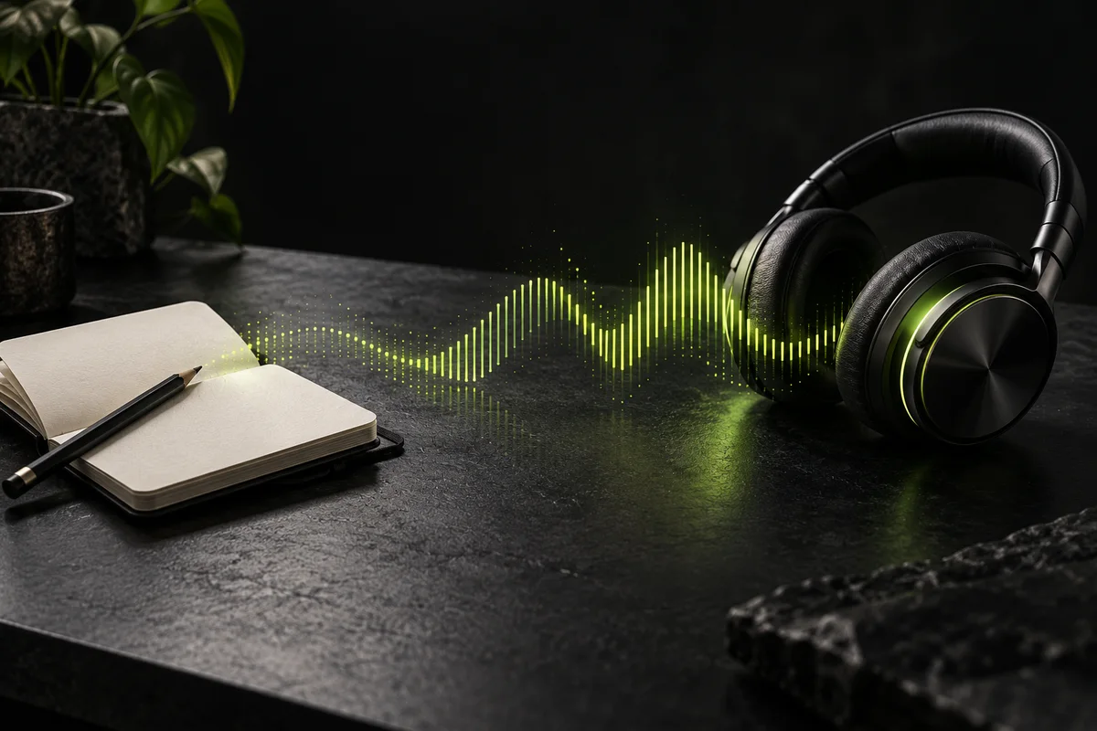 A notebook and headphones connected by a lime sound-wave illustration.