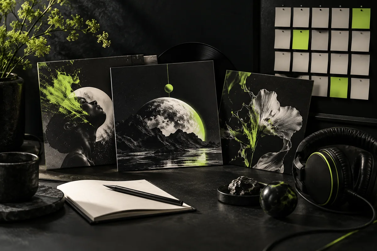 Music artwork, headphones and a board of calendar-like cards for a regular creative routine.