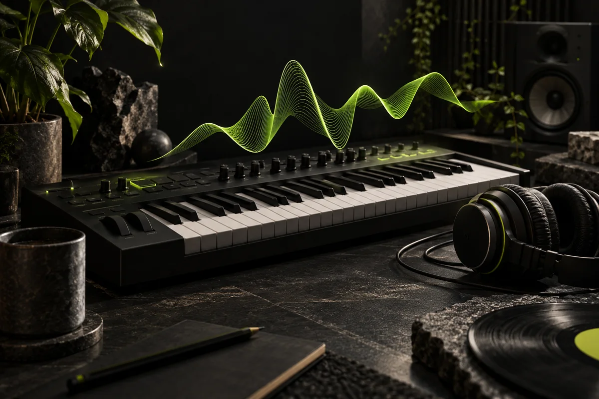 A keyboard and headphones with a lime sound-wave illustration above the keys.