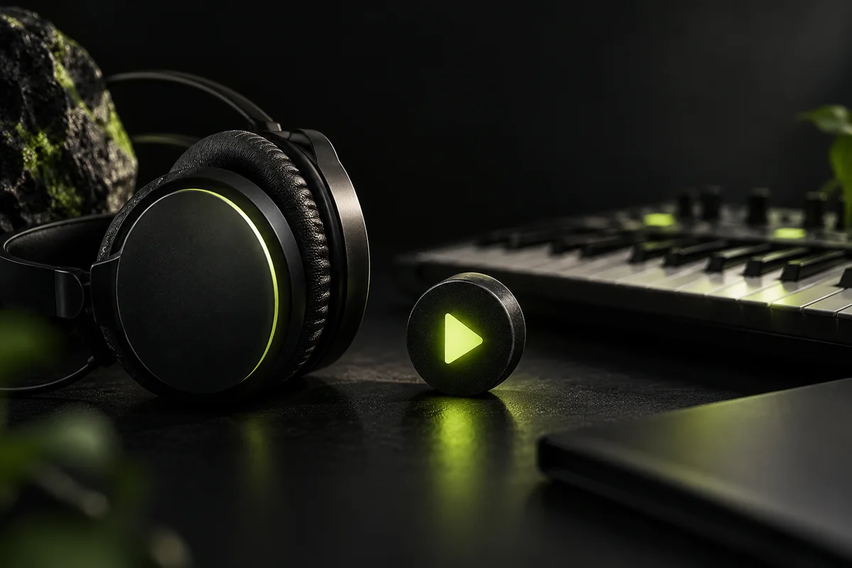 Headphones, a keyboard and a single lime play symbol on a dark creative desk.