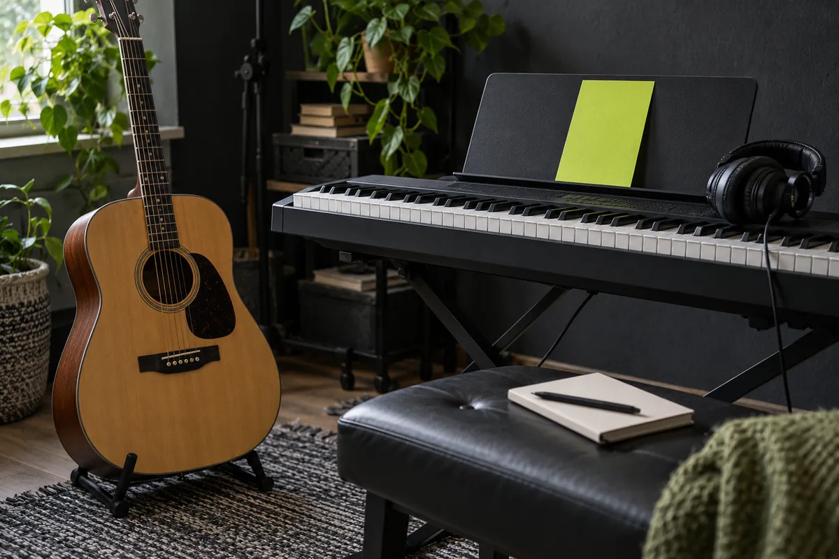 Acoustic guitar, keyboard and notebook in a music rehearsal space