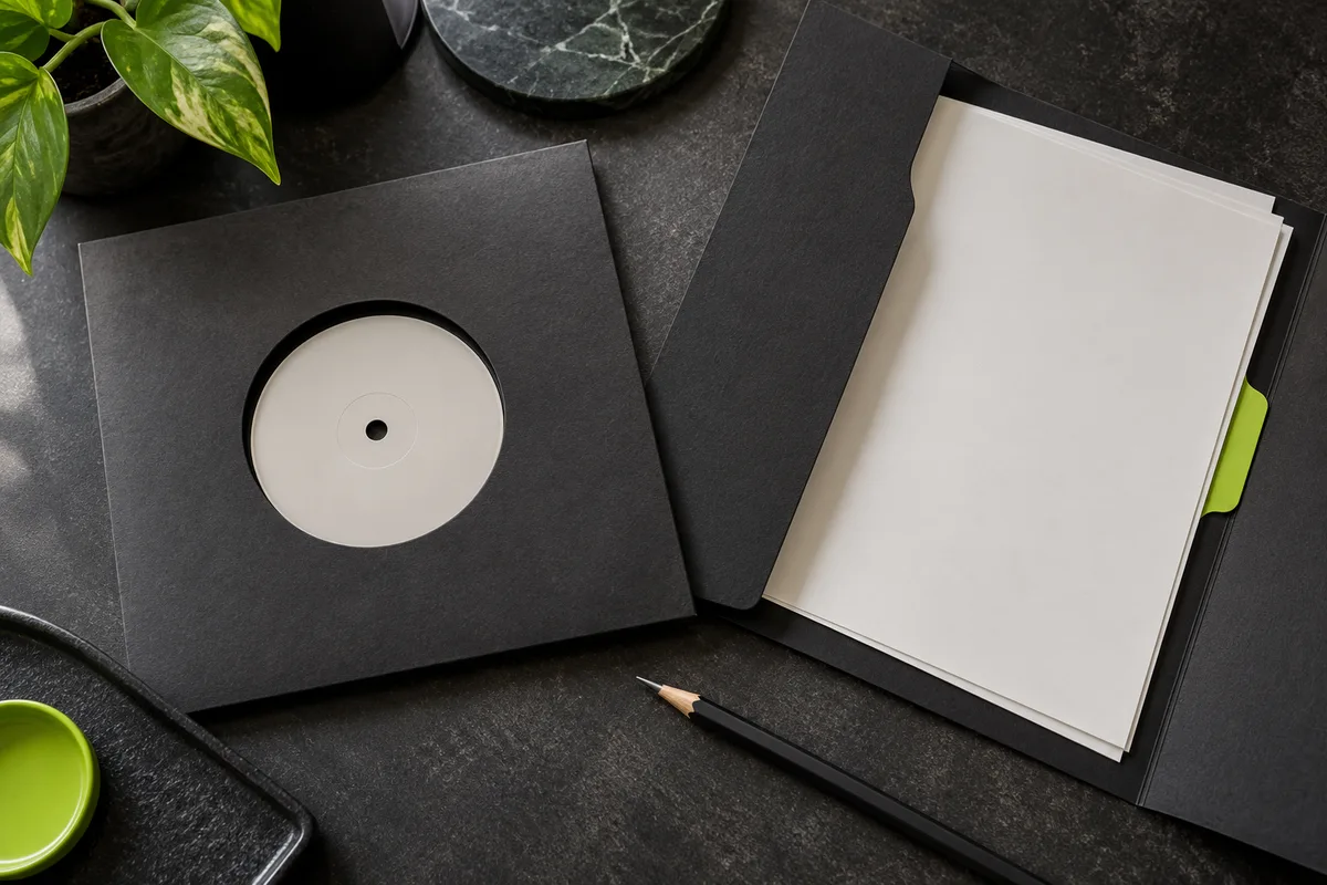 A recording and a document folder laid out for a separate review.