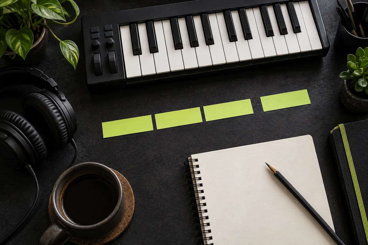 A sequence of green planning cards beside a keyboard and notebook