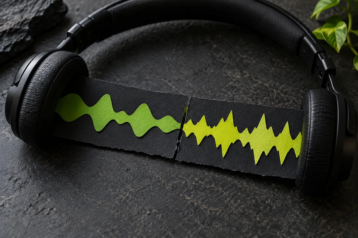 Two abstract audio sections meeting at a visible transition beside headphones.