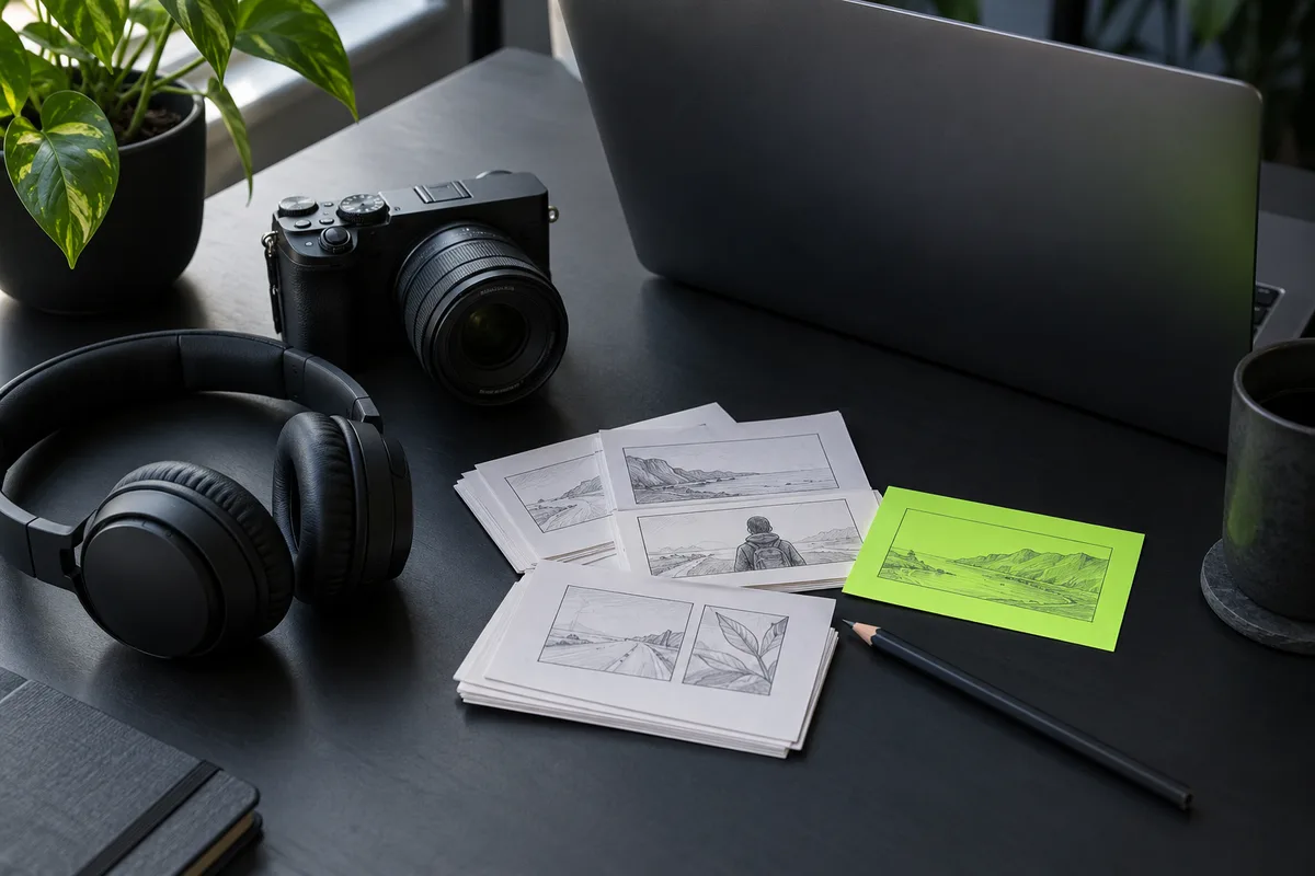 Camera, headphones and storyboard cards arranged for a video music brief