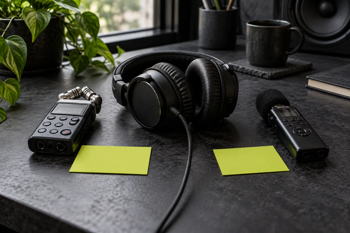 Headphones and two recording objects arranged for a listening comparison.