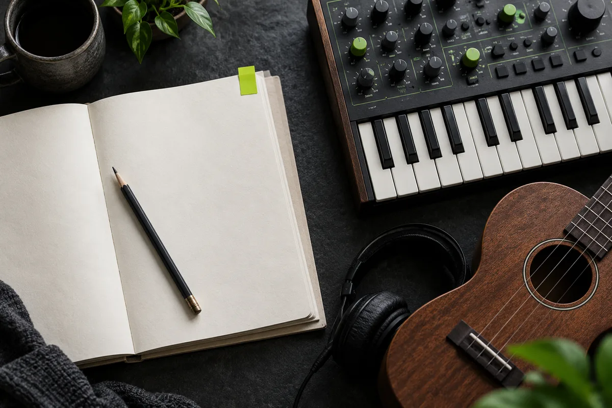 A lyric-writing area beside instruments used to plan a musical arrangement.