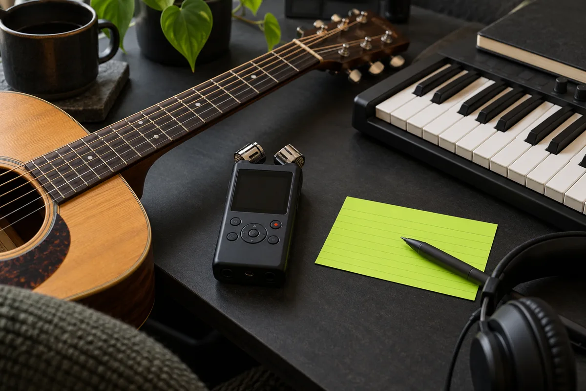 Portable recorder between an acoustic guitar and keyboard with arrangement notes