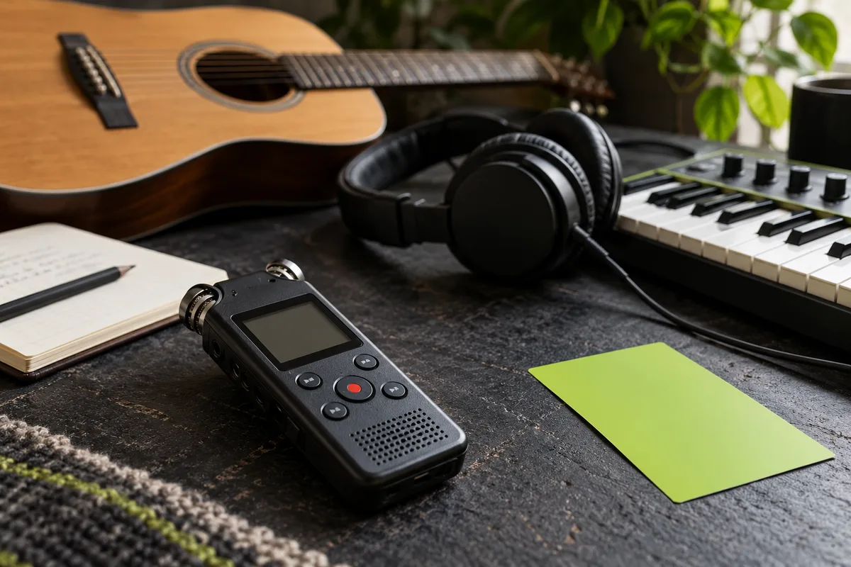 A voice recorder and arrangement instruments ready for a listening comparison.