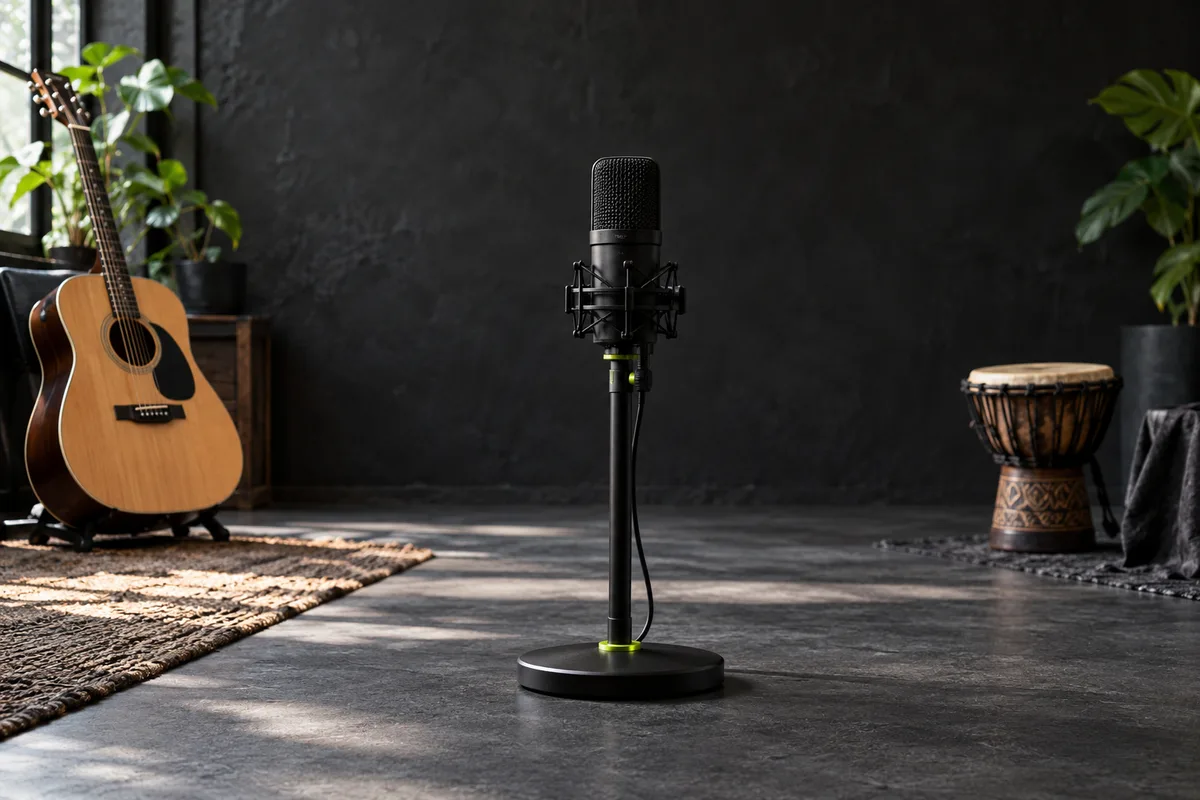 A microphone with space around it, supported by a guitar and small hand drum.