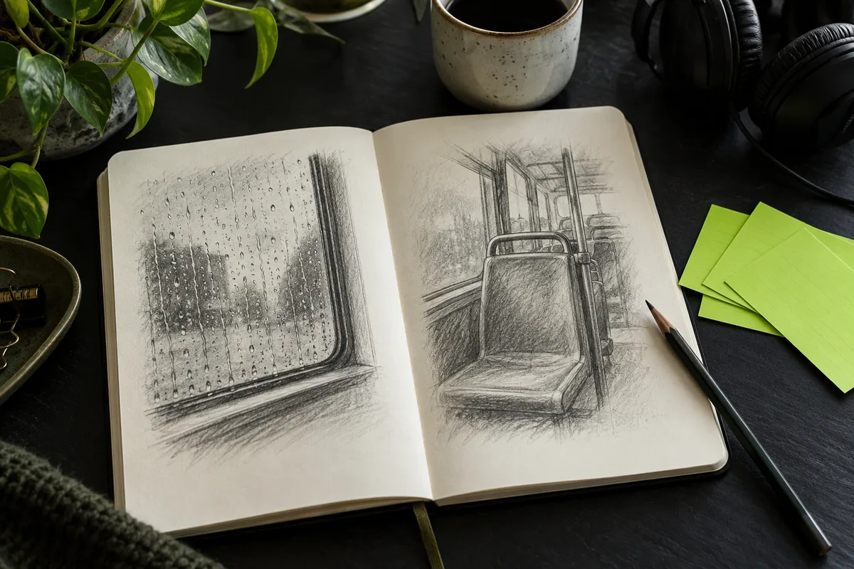An illustrated notebook and note cards used to develop a lyric idea