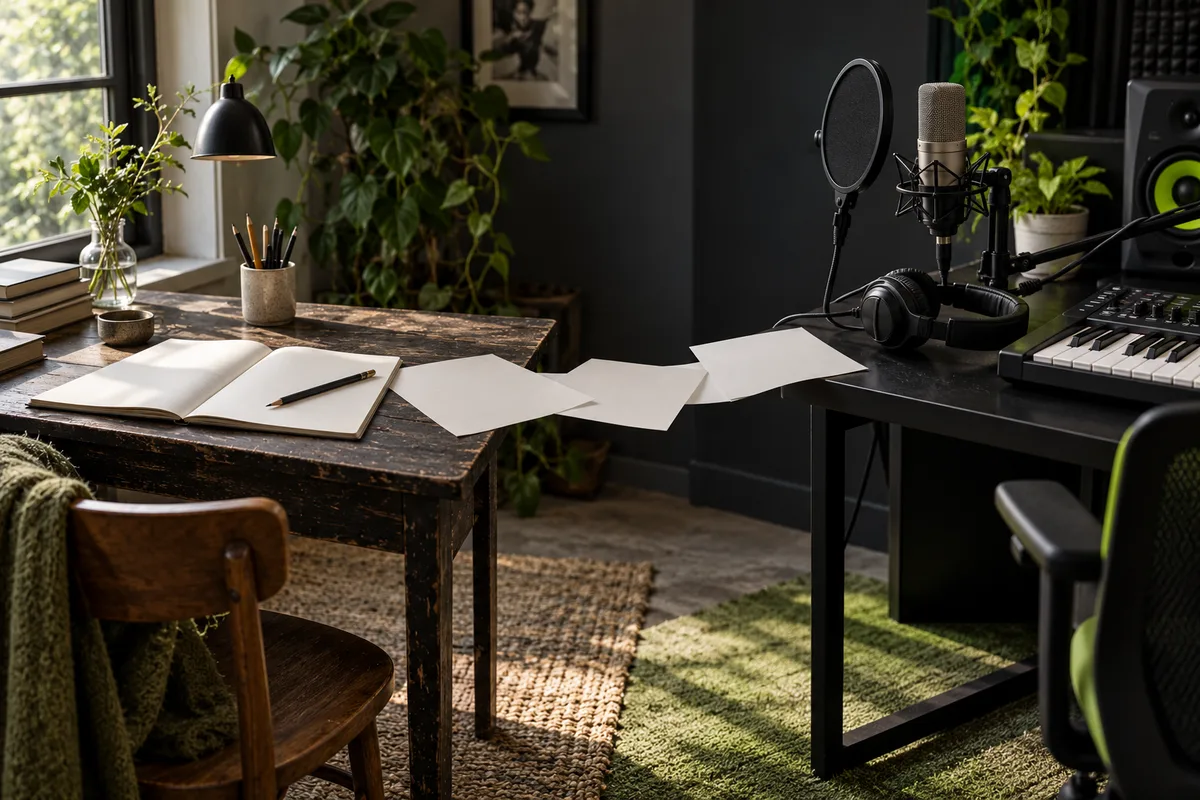 A lyric sheet beside a separate music-recording setup.