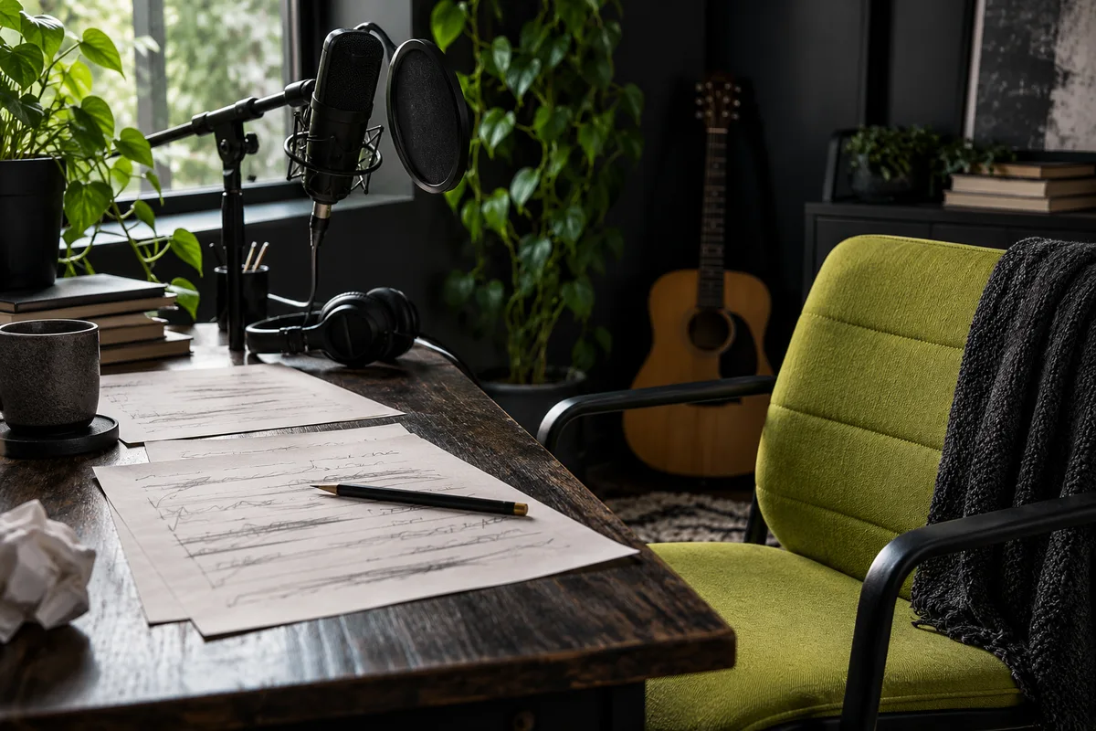 A microphone and pencil draft set up for reading lyrics aloud.