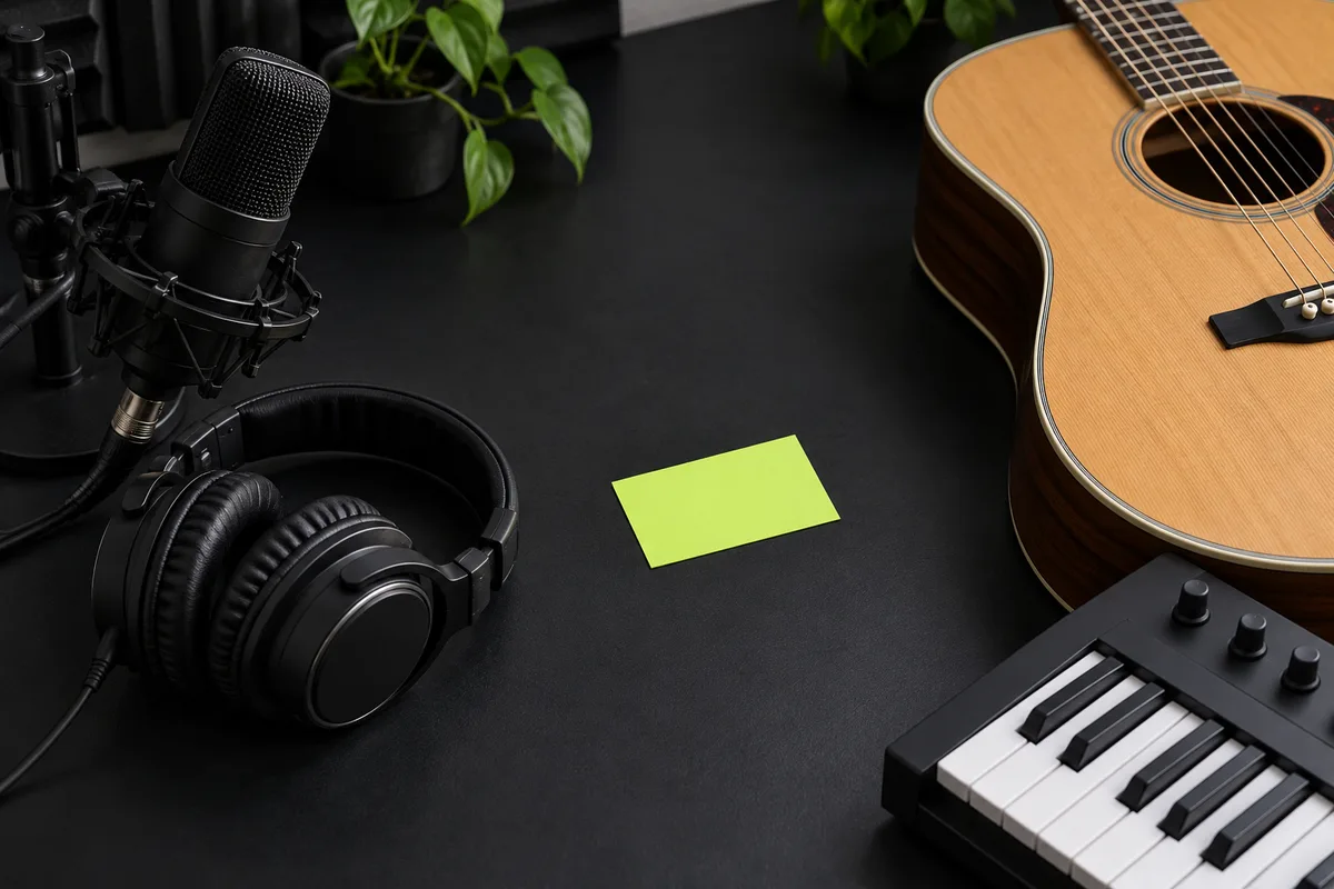 Microphone, headphones, guitar and keyboard arranged around a listening note