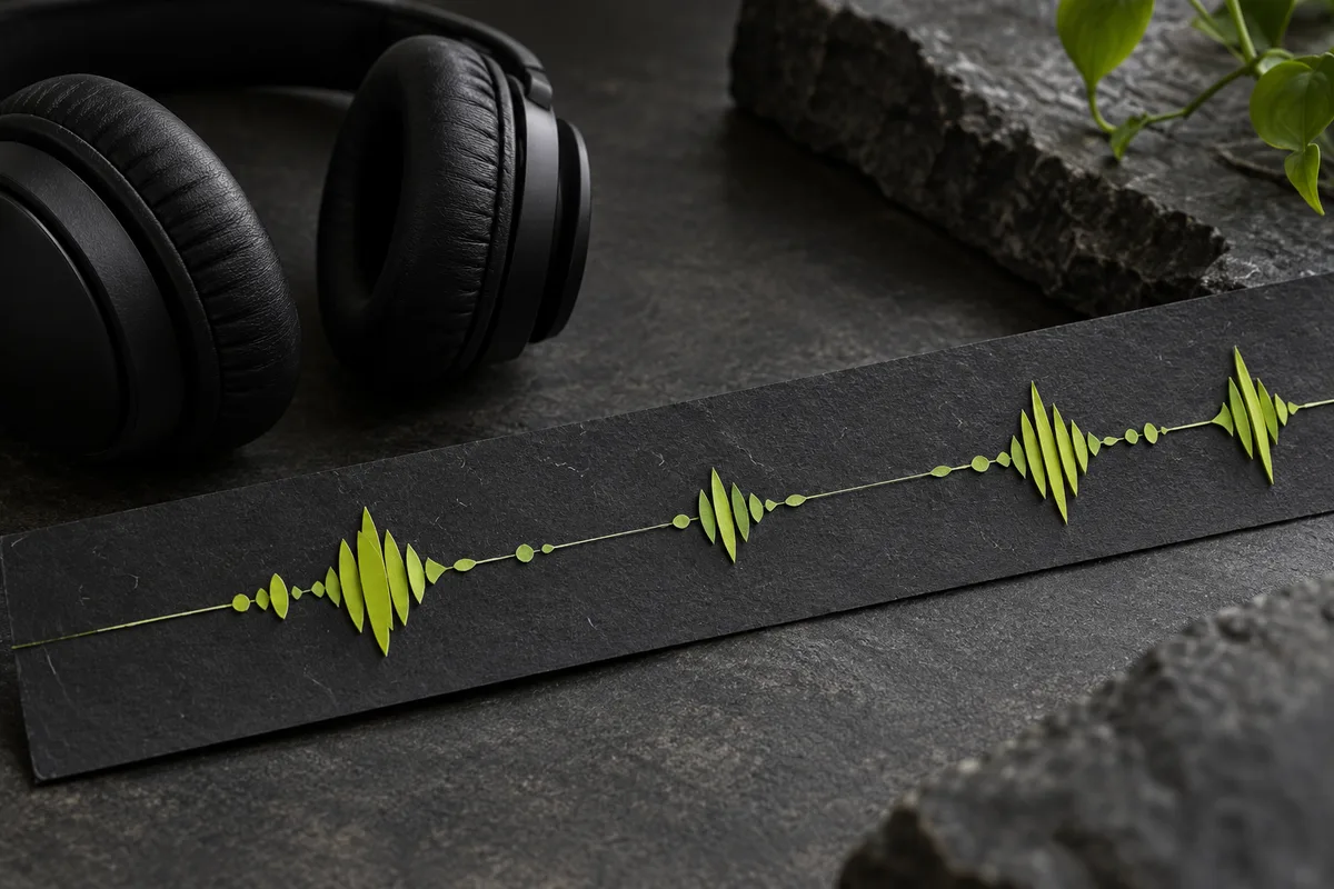 Faint residual textures between abstract audio phrases beside headphones.