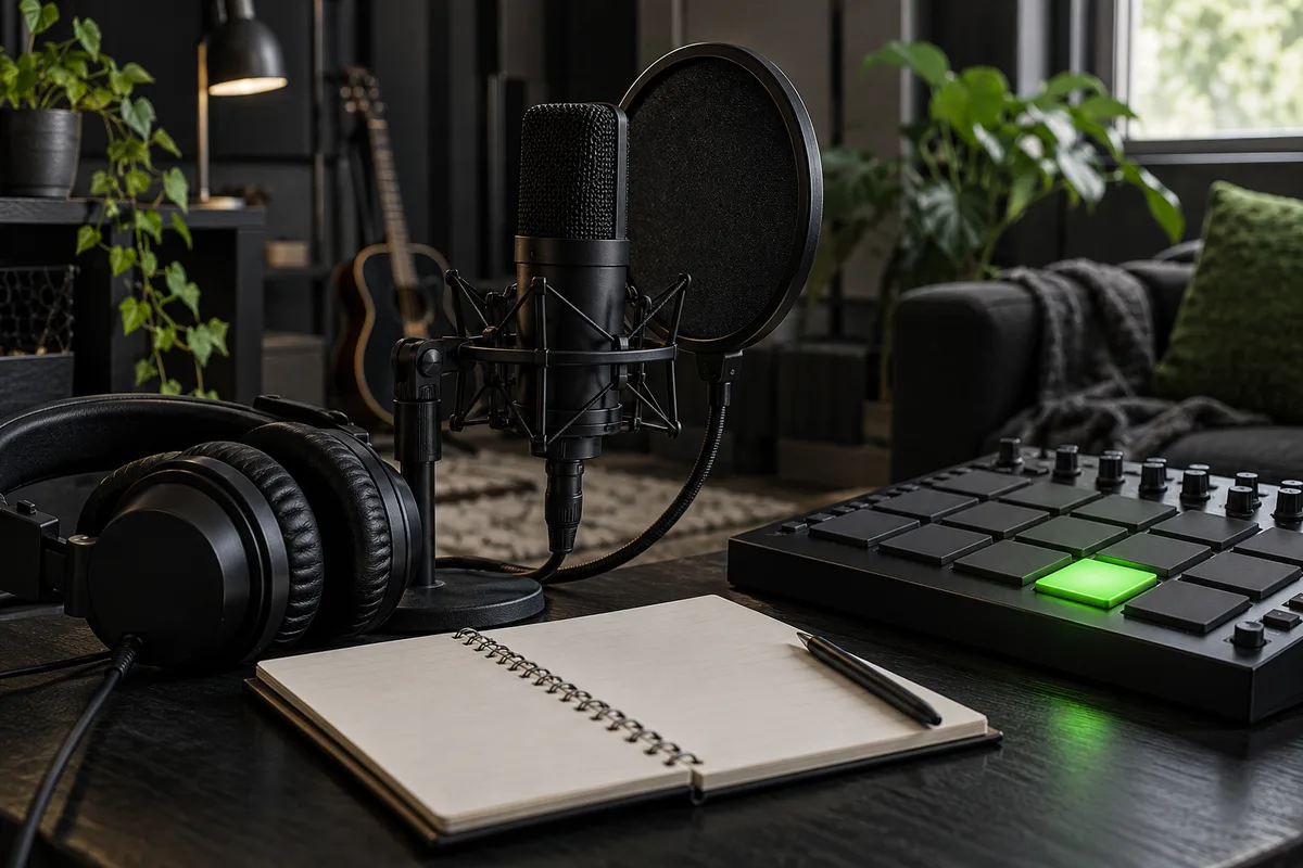 Microphone, headphones, beat controller and blank lyric notebook