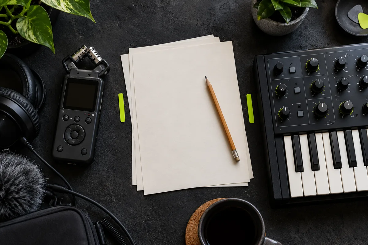 A backing recording, lyric sheet and musical instruments prepared together.