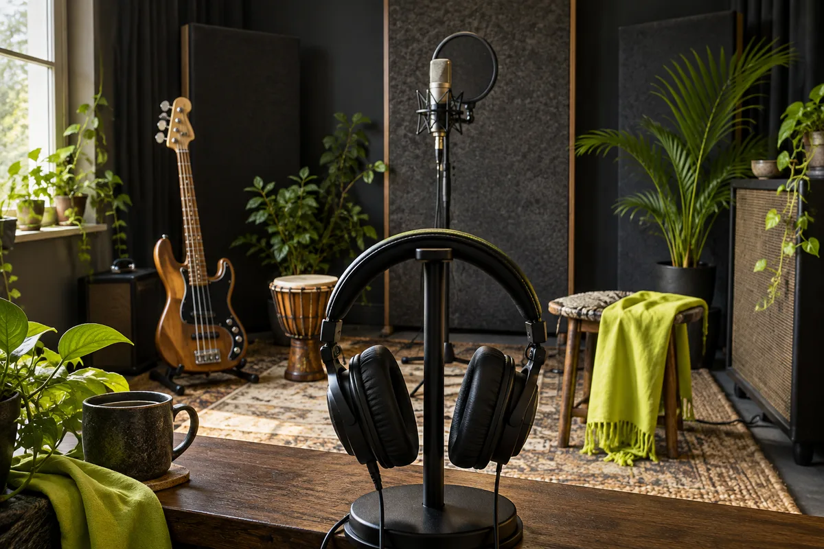 Headphones facing a microphone and rhythm instruments together.