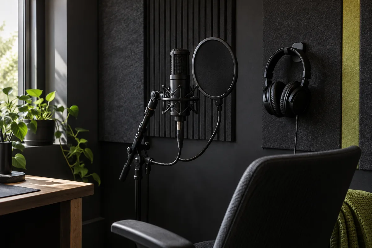 Quiet recording space with a microphone, pop filter, headphones and acoustic panels