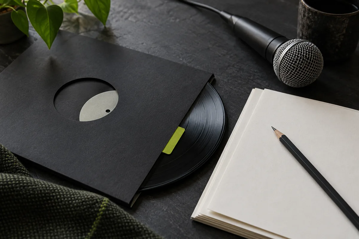 A personal recording, lyric sheet and microphone arranged for a new song.