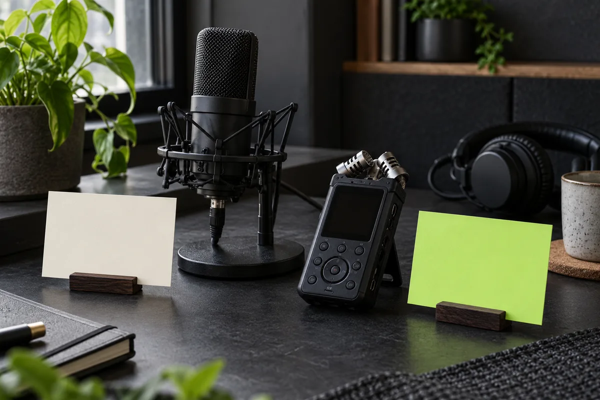 A microphone, blank prompt card and recorder arranged for recording preparation.
