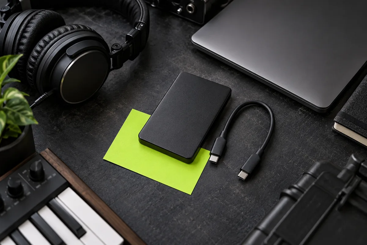Portable storage drive and cable beside a laptop and headphones